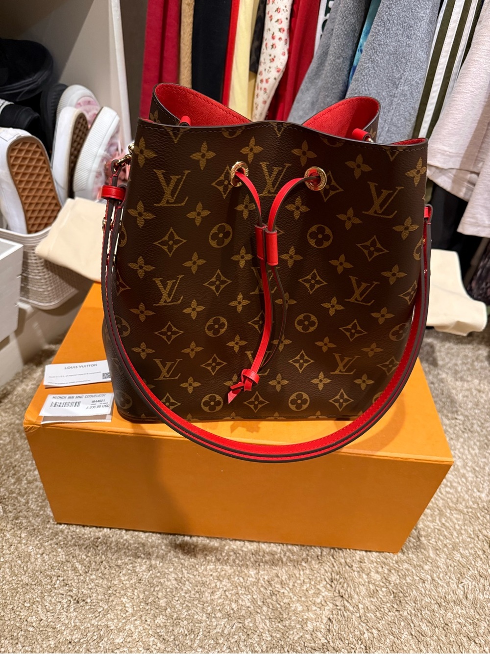 Louis Vuitton Monogram Bucket Bag with Red Trim and Interior